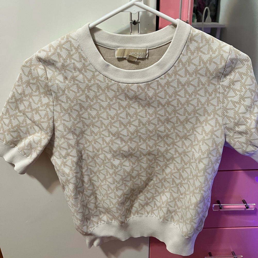 Michael Kors Cream and White Logo Jacquard Short Sleeve Sweater Top